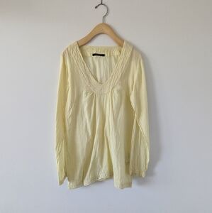 Vintage Vero Moda Pastel Yellow Cotton Blouse with Lace Trim, Women's Size Med